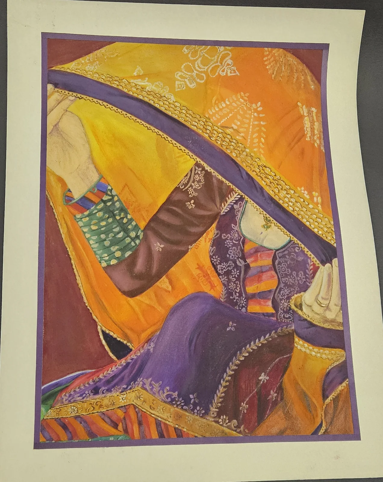 Painting of a seated figure draped in gold and plum traditional dress