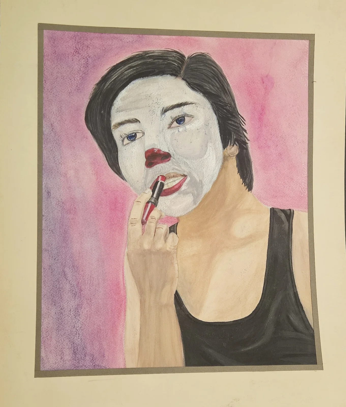 Portrait of a woman applying red lipstick over a pale painted face, on a pink ground