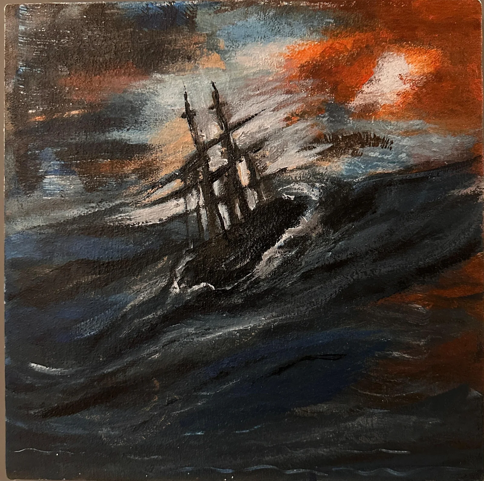 Painting of a tall ship caught in a storm at sunset