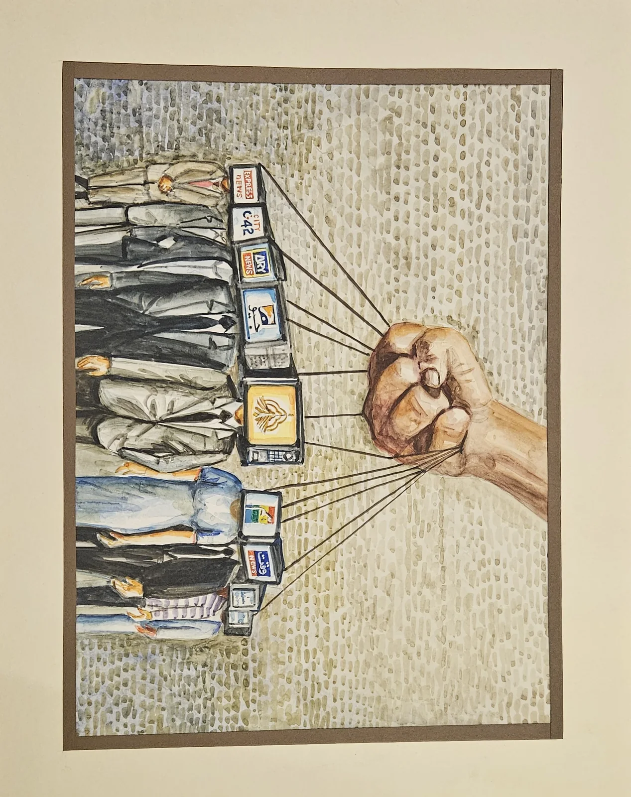 Painting of a crowd of figures held on strings by a single hand, each tethered through a social media icon