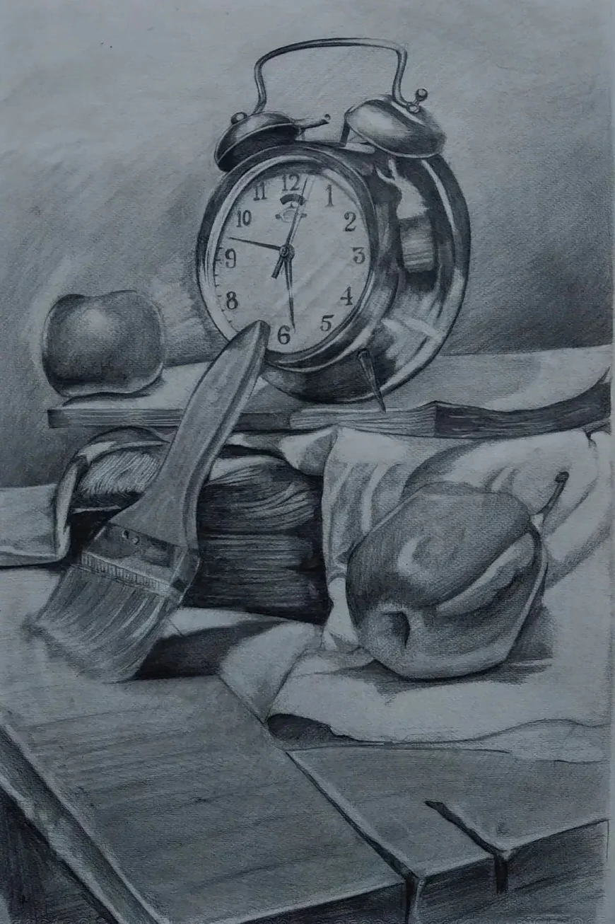 Graphite still life of an alarm clock, books, apple, brush, and draped cloth