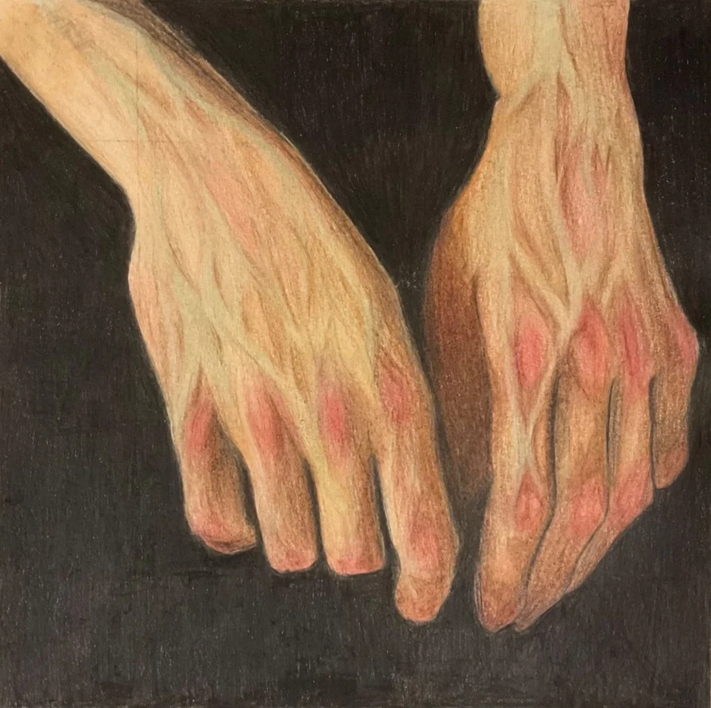 Coloured pencil study of two hands resting on a dark ground