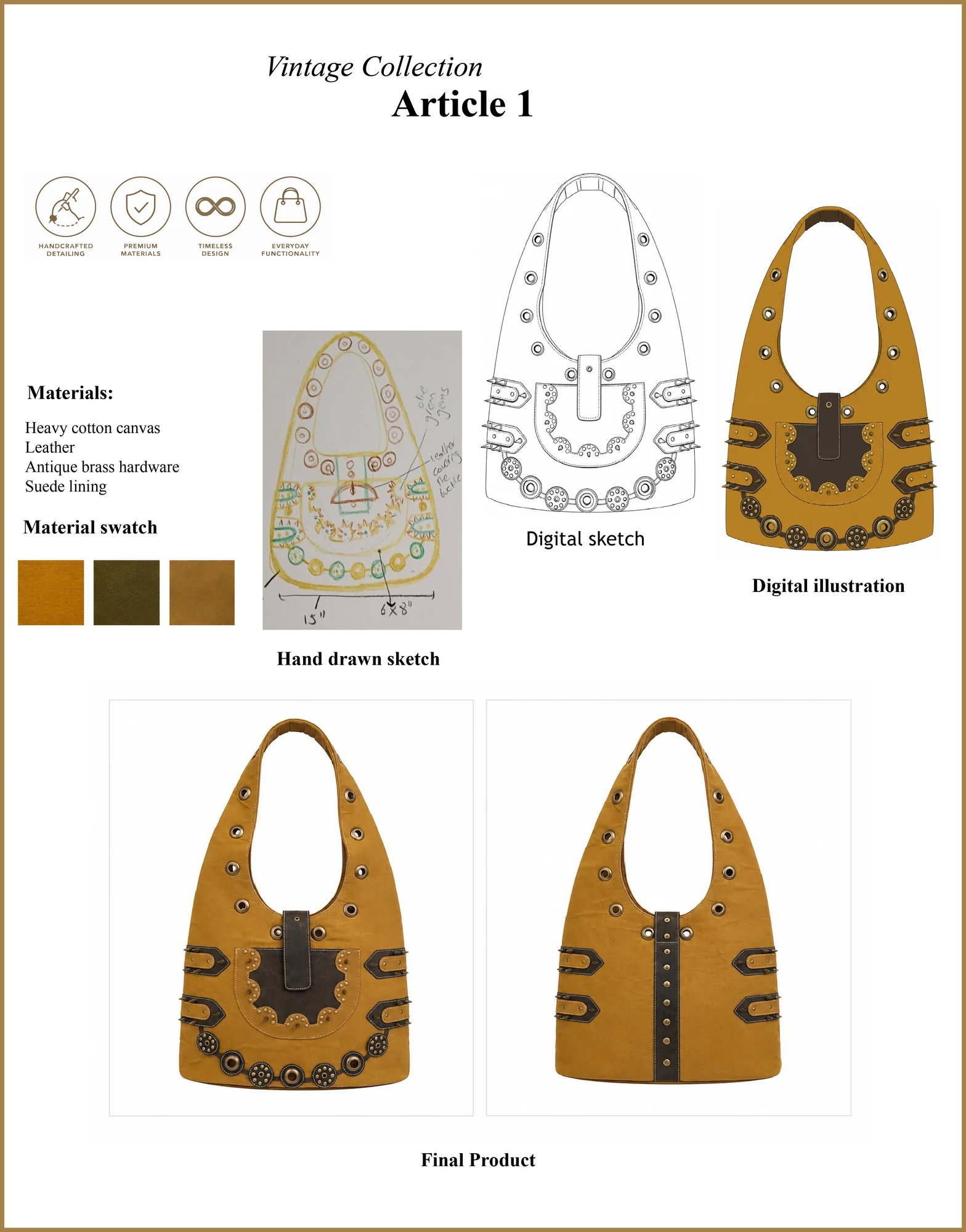 HMAH Vintage Collection, Article 1 design board: hand drawn sketch, digital sketch, digital illustration, material swatches, and final product views of a tan studded hobo bag