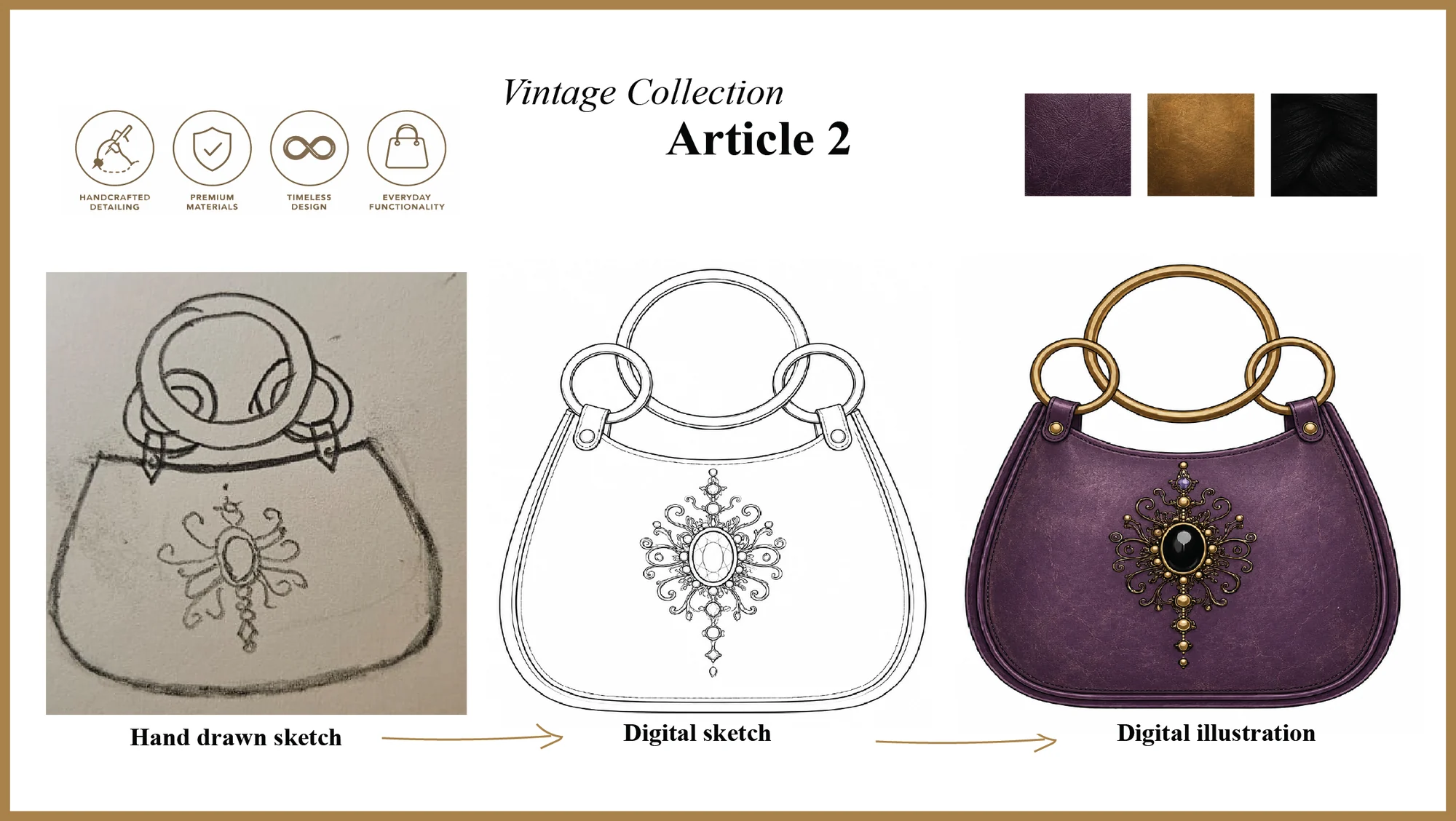 HMAH Vintage Collection, Article 2 design board: a plum bag with circular brass handles, shown from hand drawn sketch to digital illustration