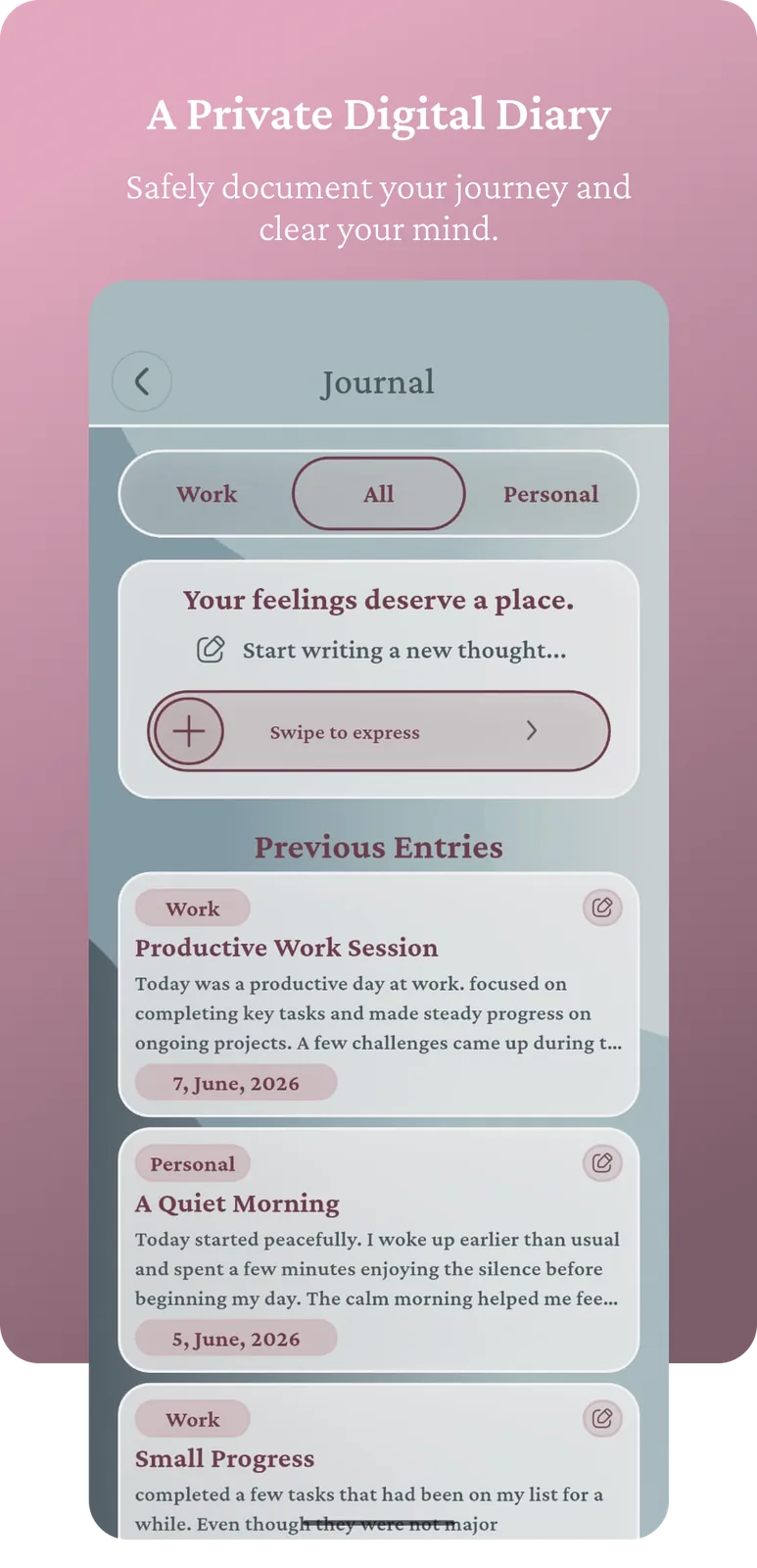 Journal screen with previous entries