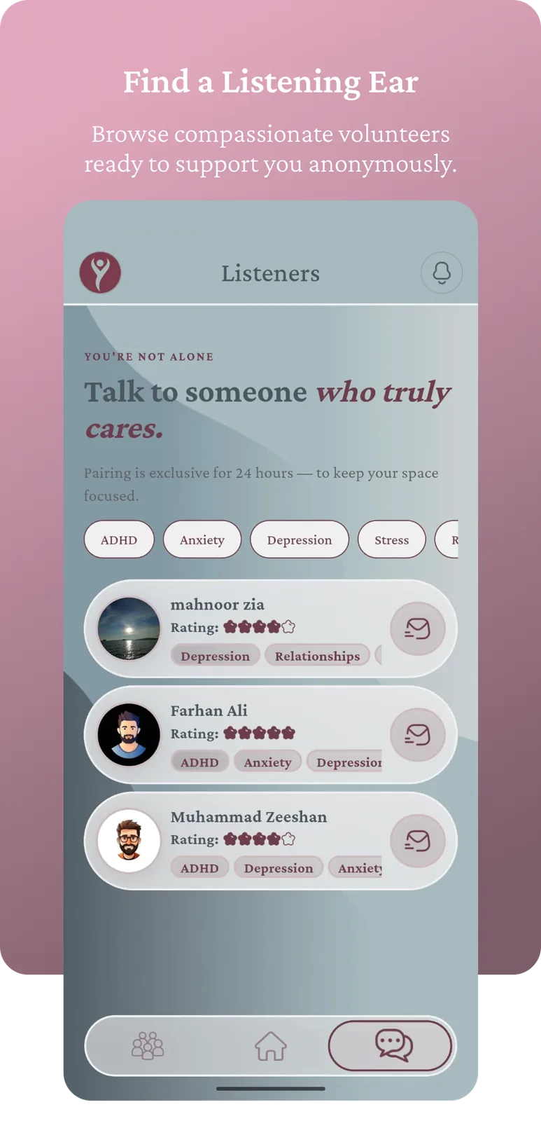Browse volunteer listeners screen
