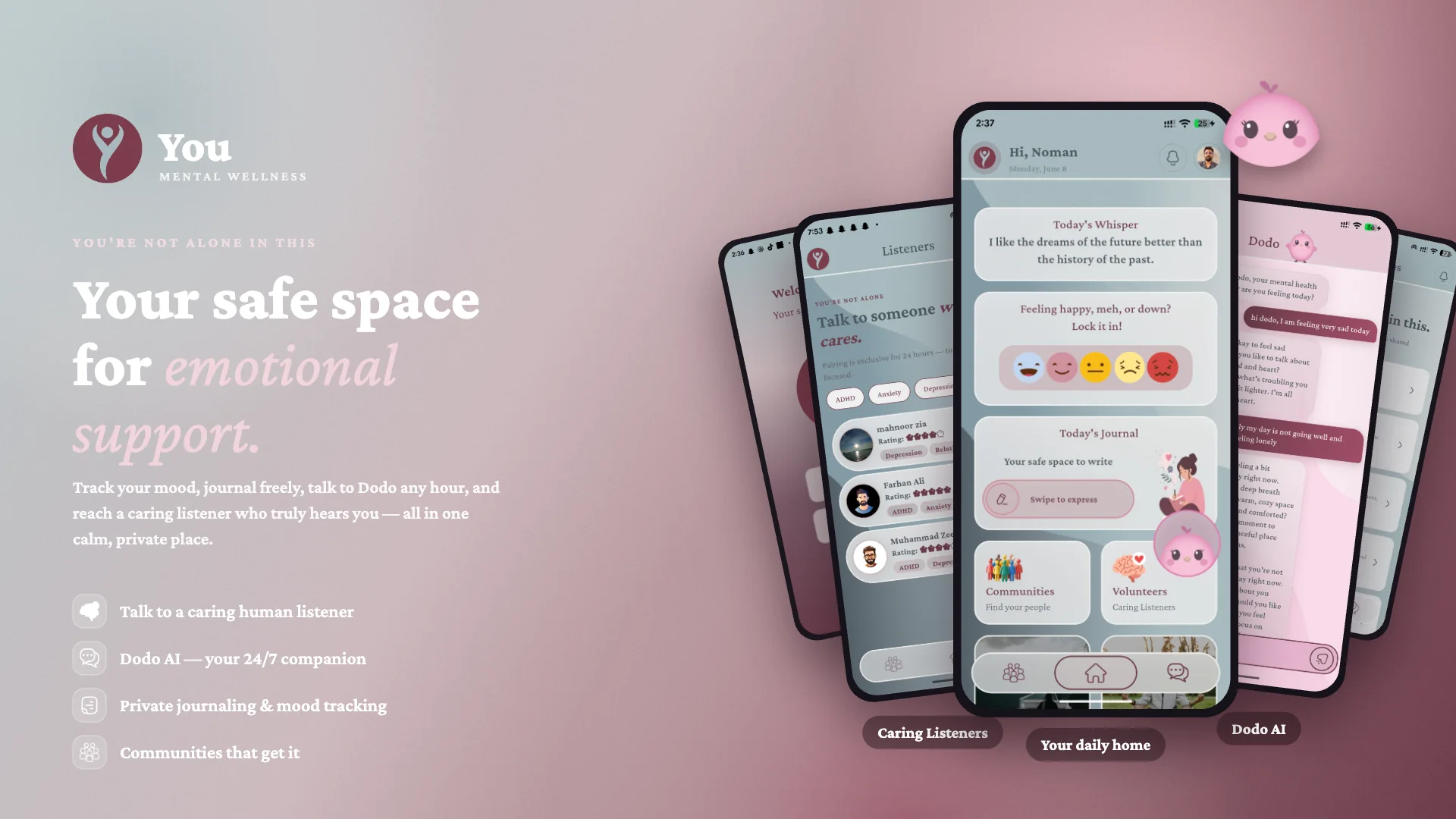 YOU promotional poster — “Your safe space for emotional support” — beside a fan of app screens